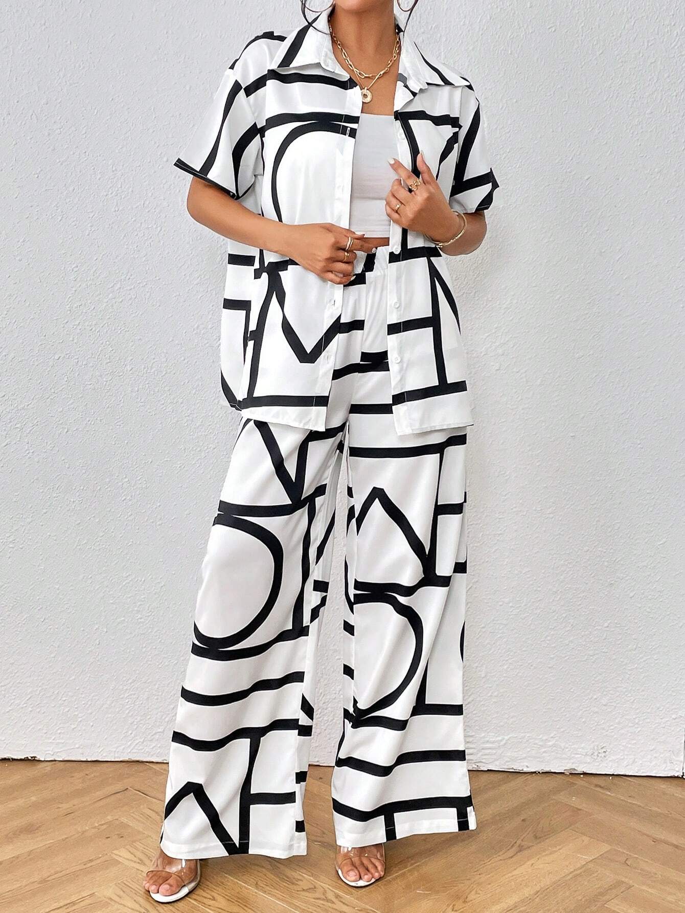  | SHEIN Privé Geo Print Shirt & Wide Leg Pants | Top and Pant Set | Shein | OneHub