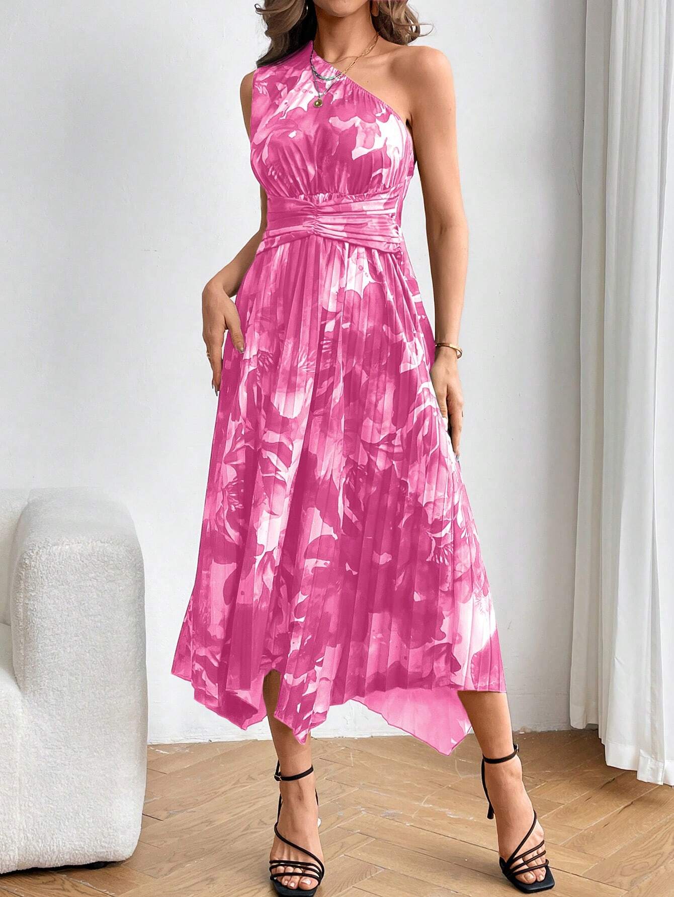  | SHEIN Privé Ladies" Summer Floral Print Single-Shoulder Sleeveless Waist-Ruched Pleated Long Dress With Tiered Hem | Dress | OneHub | OneHub