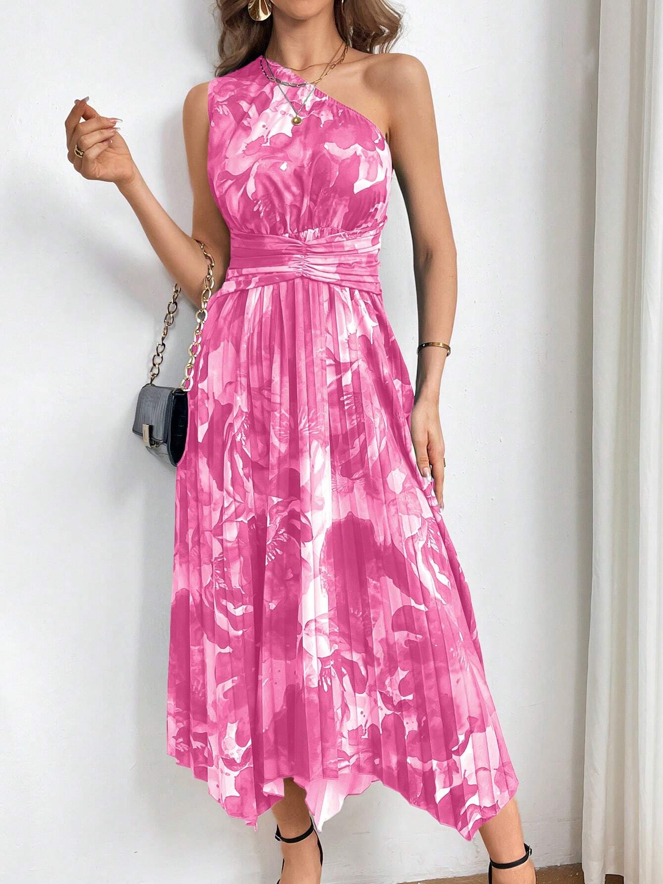  | SHEIN Privé Ladies" Summer Floral Print Single-Shoulder Sleeveless Waist-Ruched Pleated Long Dress With Tiered Hem | Dress | OneHub | OneHub