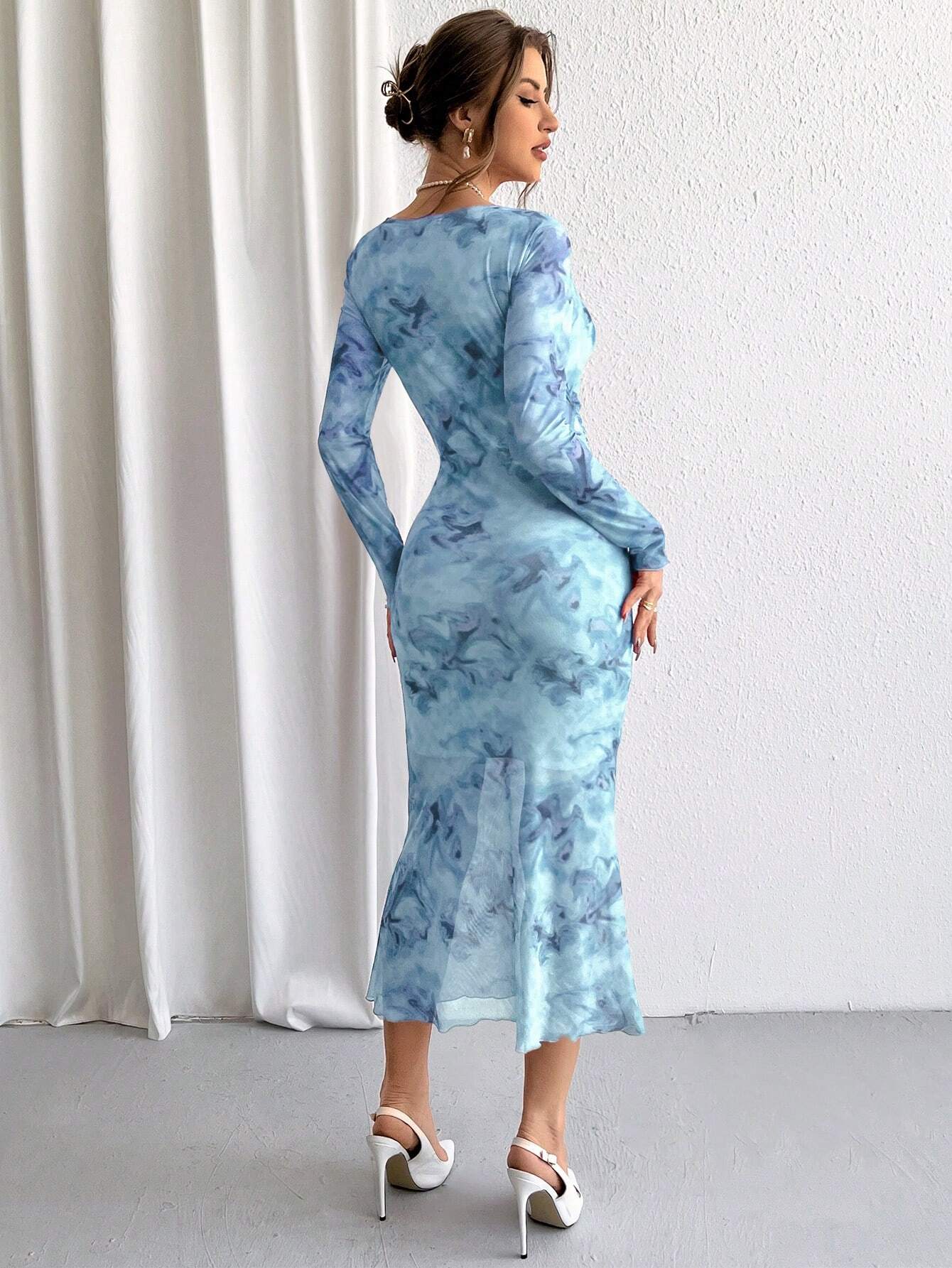  | SHEIN Priv̩ Ladies' Tie-Dye Mesh Wrap Neck Long Sleeve Dress | Dress | Shein | OneHub