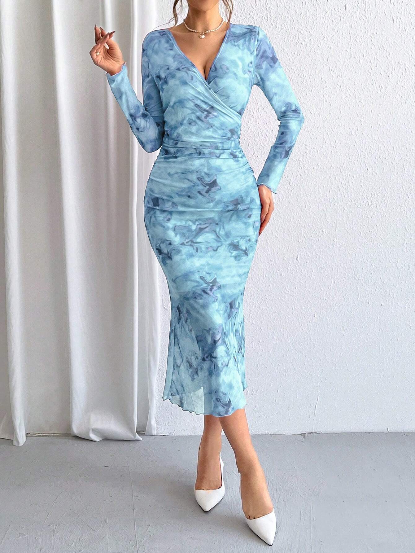  | SHEIN Priv̩ Ladies' Tie-Dye Mesh Wrap Neck Long Sleeve Dress | Dress | Shein | OneHub