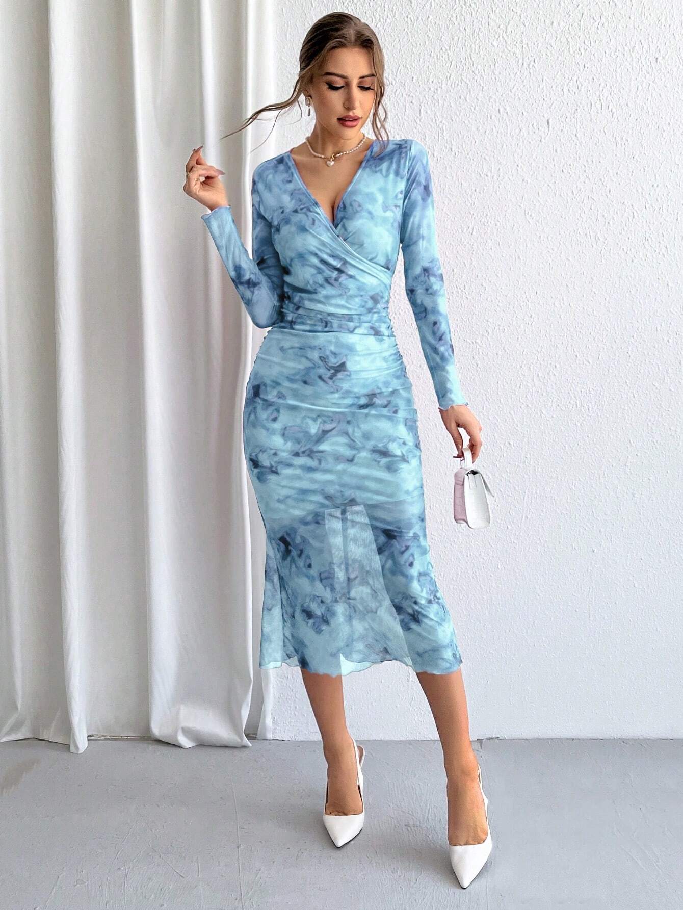 SHEIN Priv Ladies' Tie-Dye Mesh Wrap Neck Long Sleeve Dress | Dress | OneHub SHEIN Priv Ladies' Tie-Dye Mesh Wrap Neck Long Sleeve Dress | Dress | OneHub