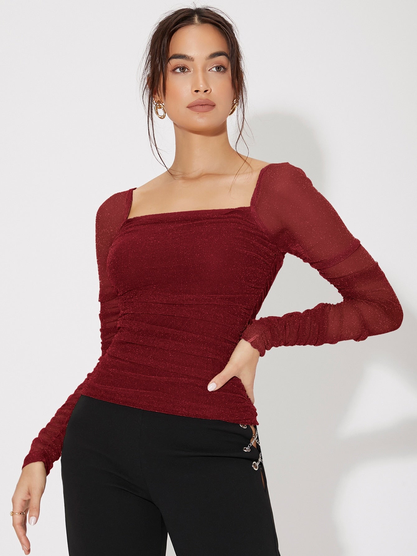  | SHEIN Priv̩ Mesh Panel Ruched Glitter Top | Top | Shein | OneHub