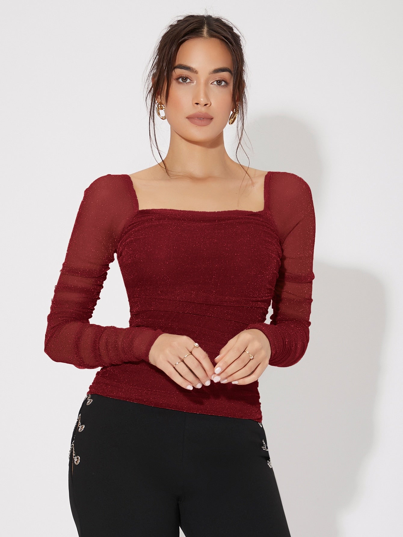  | SHEIN Priv̩ Mesh Panel Ruched Glitter Top | Top | Shein | OneHub