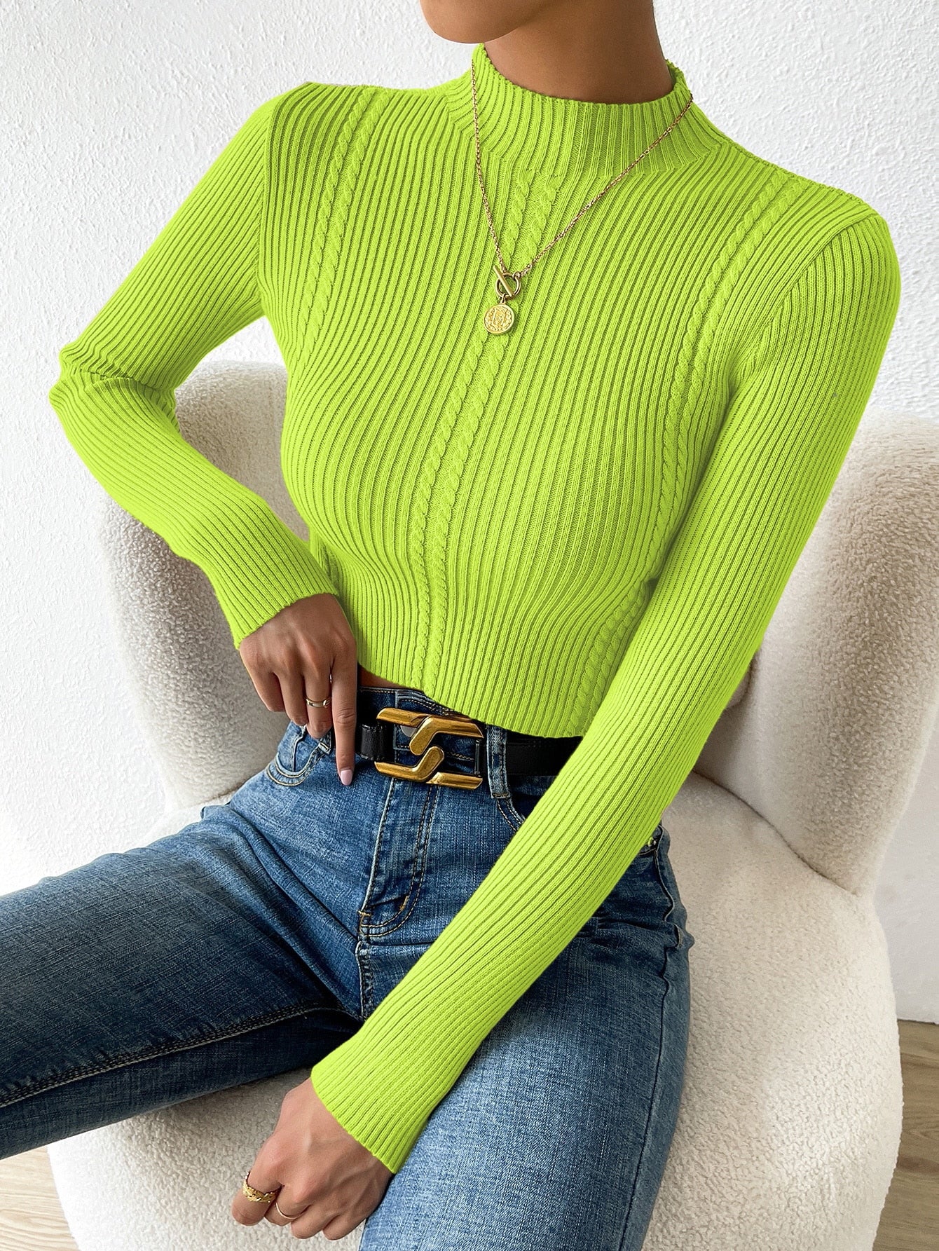  | SHEIN Priv̩ Mock Neck Cable Knit Crop Sweater | Top | Shein | OneHub