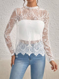  | SHEIN Privé Mock Neck Lantern Sleeve Eyelash Lace Blouse Without Cami Top | Top | Shein | OneHub