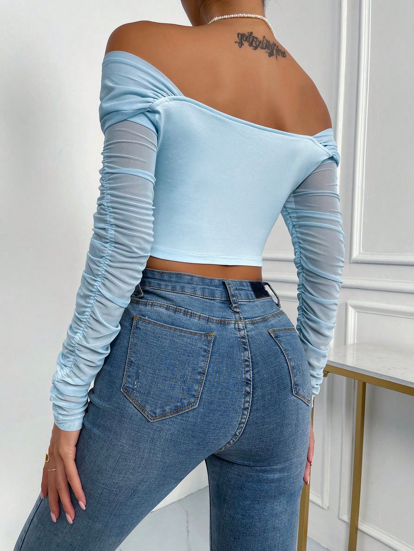  | SHEIN Priv̩ Off Shoulder Ruched Mesh Crop Top | Top | Shein | OneHub