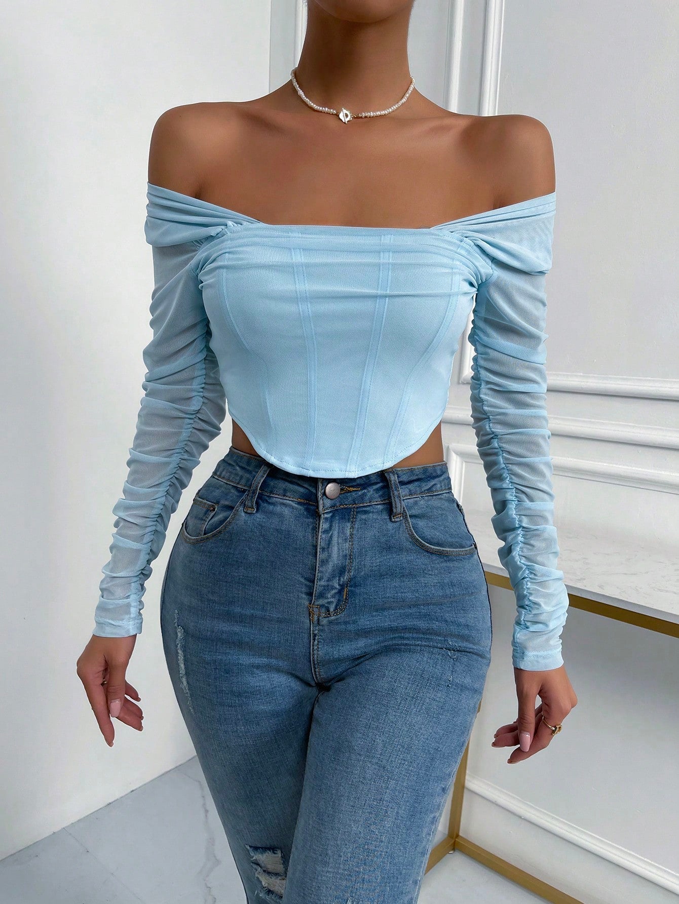  | SHEIN Priv̩ Off Shoulder Ruched Mesh Crop Top | Top | Shein | OneHub