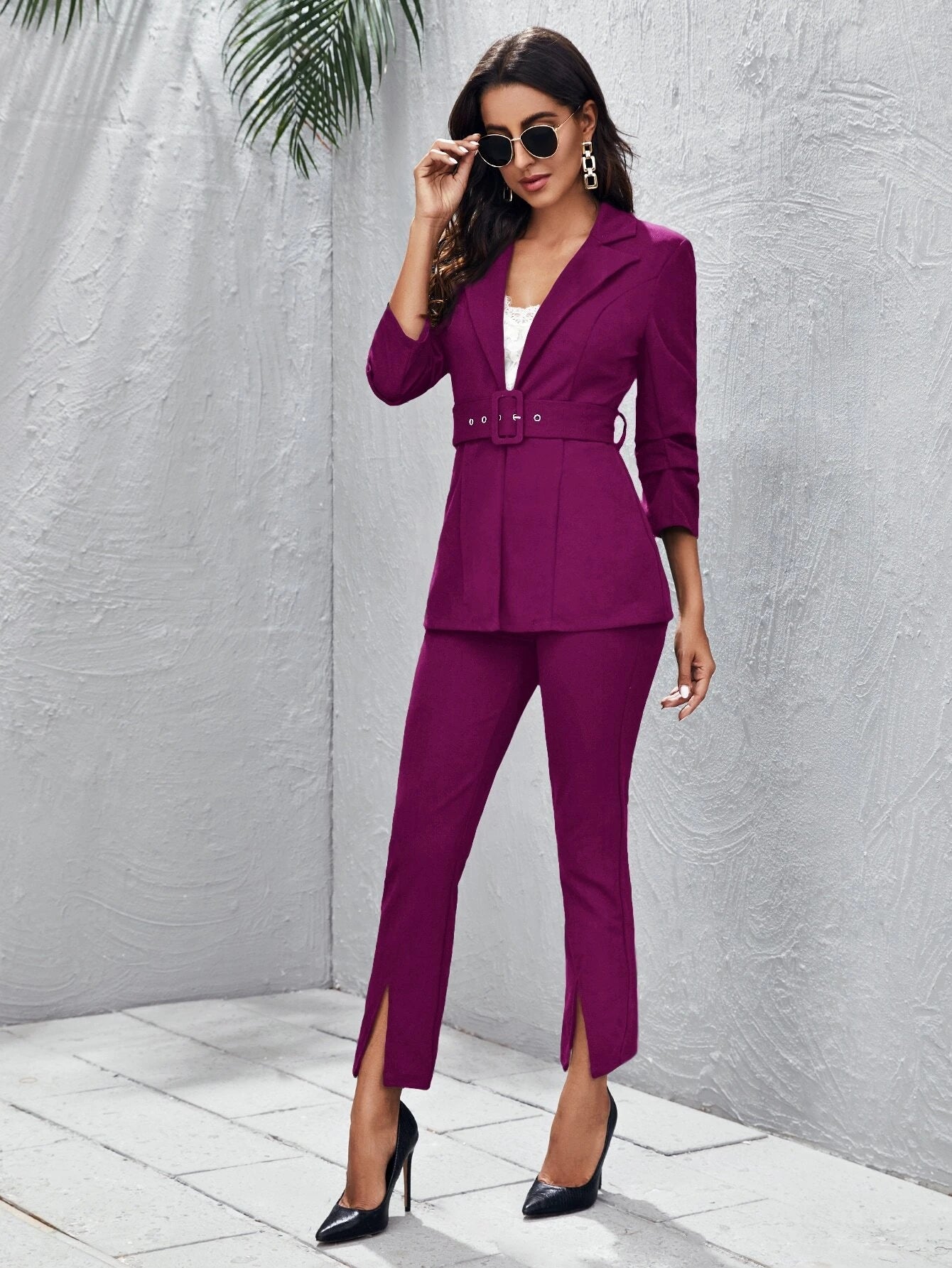  | SHEIN Privé Peak Collar Buckle Belted Blazer and Split Hem Pants Set | Blazer | Shein | OneHub