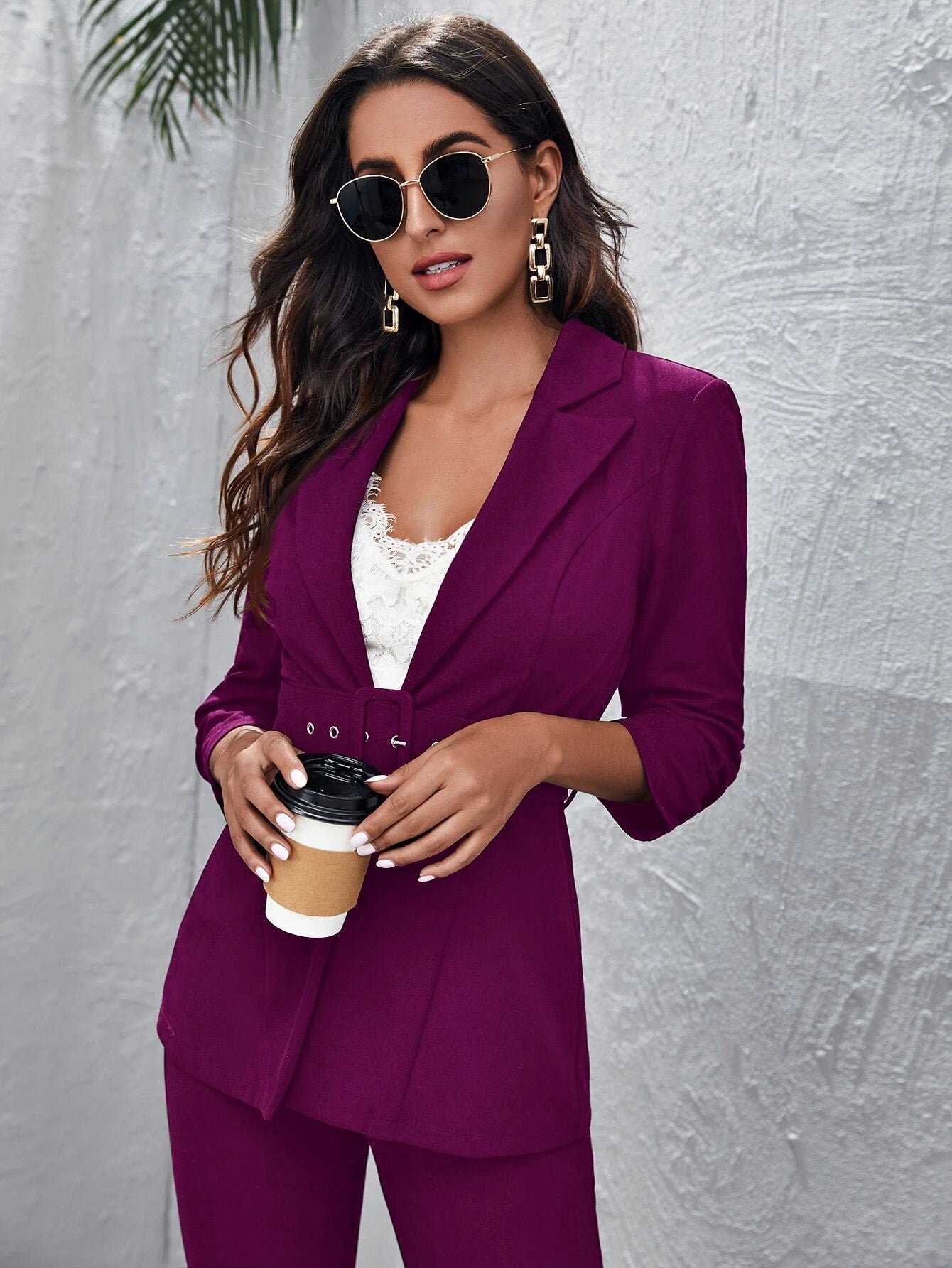  | SHEIN Privé Peak Collar Buckle Belted Blazer and Split Hem Pants Set | Blazer | Shein | OneHub