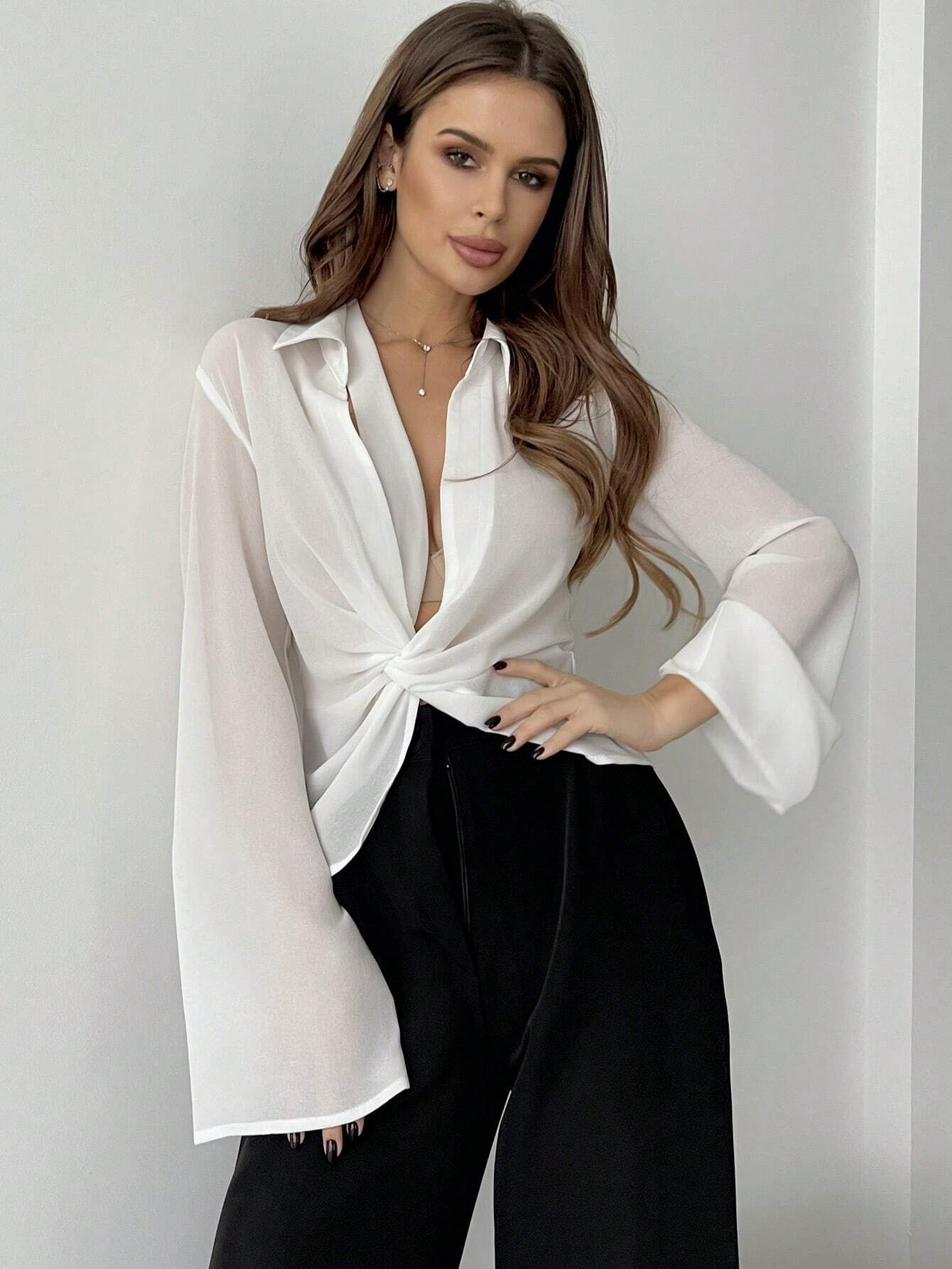  | SHEIN Privé Plunging Collar Twist Knotted Bell Sleeve Sheer Women's Sun Protection Shirt | Shirt | Shein | OneHub
