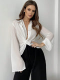  | SHEIN Privé Plunging Collar Twist Knotted Bell Sleeve Sheer Women's Sun Protection Shirt | Shirt | Shein | OneHub