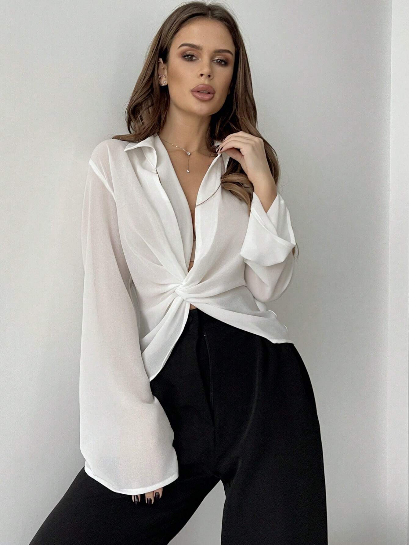  | SHEIN Privé Plunging Collar Twist Knotted Bell Sleeve Sheer Women's Sun Protection Shirt | Shirt | Shein | OneHub