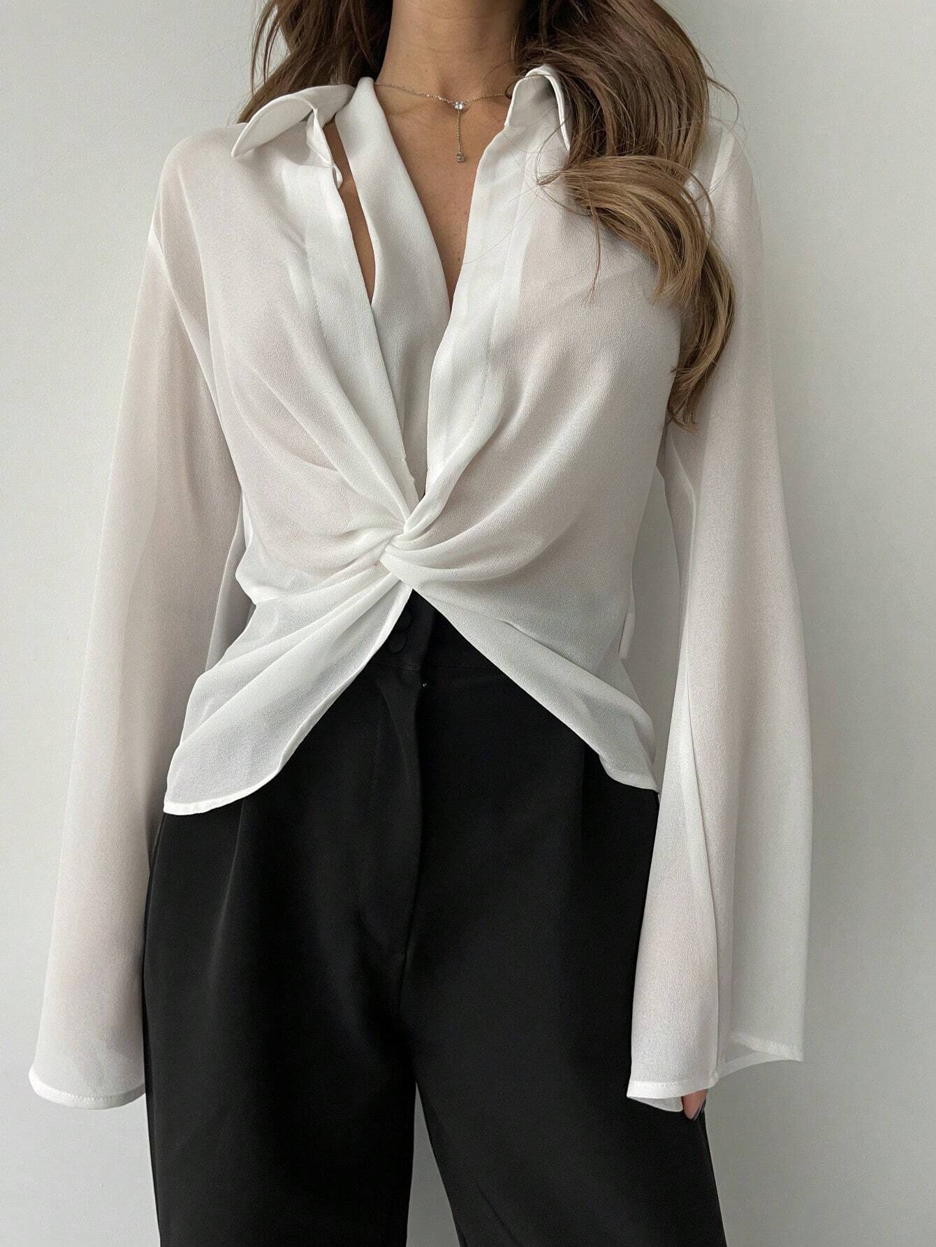  | SHEIN Privé Plunging Collar Twist Knotted Bell Sleeve Sheer Women's Sun Protection Shirt | Shirt | Shein | OneHub