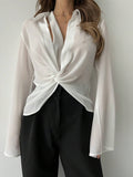  | SHEIN Privé Plunging Collar Twist Knotted Bell Sleeve Sheer Women's Sun Protection Shirt | Shirt | Shein | OneHub