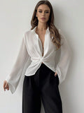  | SHEIN Privé Plunging Collar Twist Knotted Bell Sleeve Sheer Women's Sun Protection Shirt | Shirt | Shein | OneHub