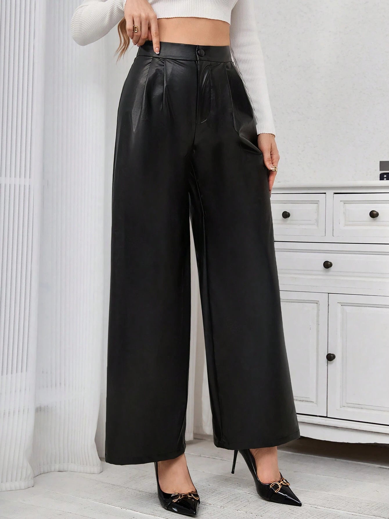  | SHEIN Priv̩ Pu Leather Wide Leg Pants | Pants | Shein | OneHub