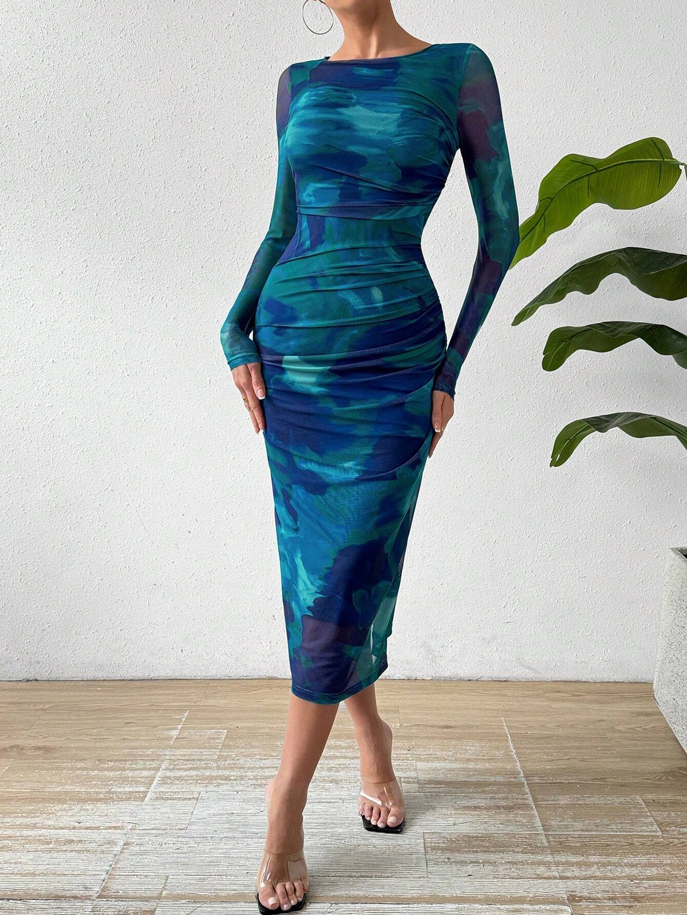 SHEIN Privé Round Neck Pleated Tie Dye Dress | Dress