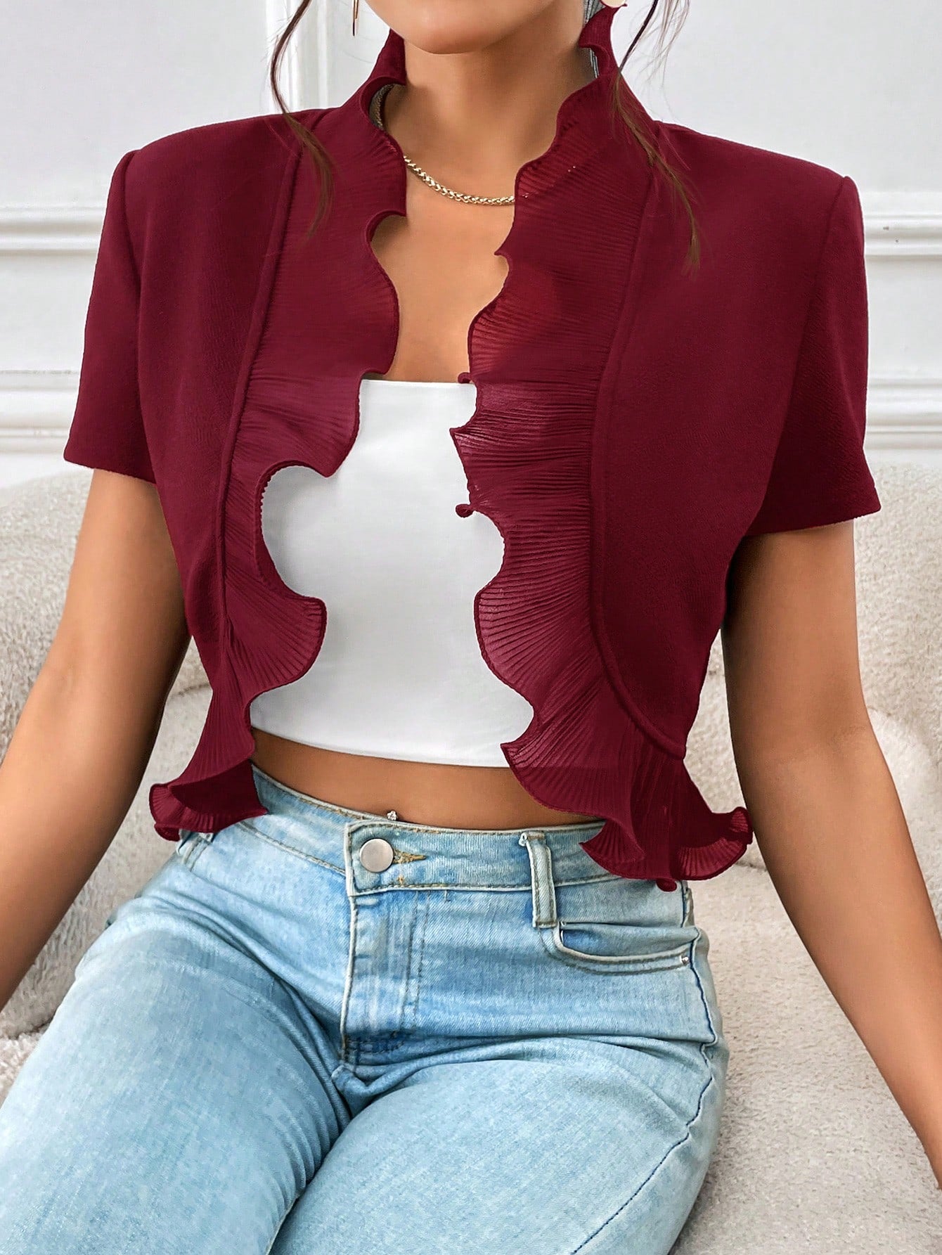  | SHEIN Privé Ruffle Trim Open Front Crop Jacket | Jacket | Shein | OneHub