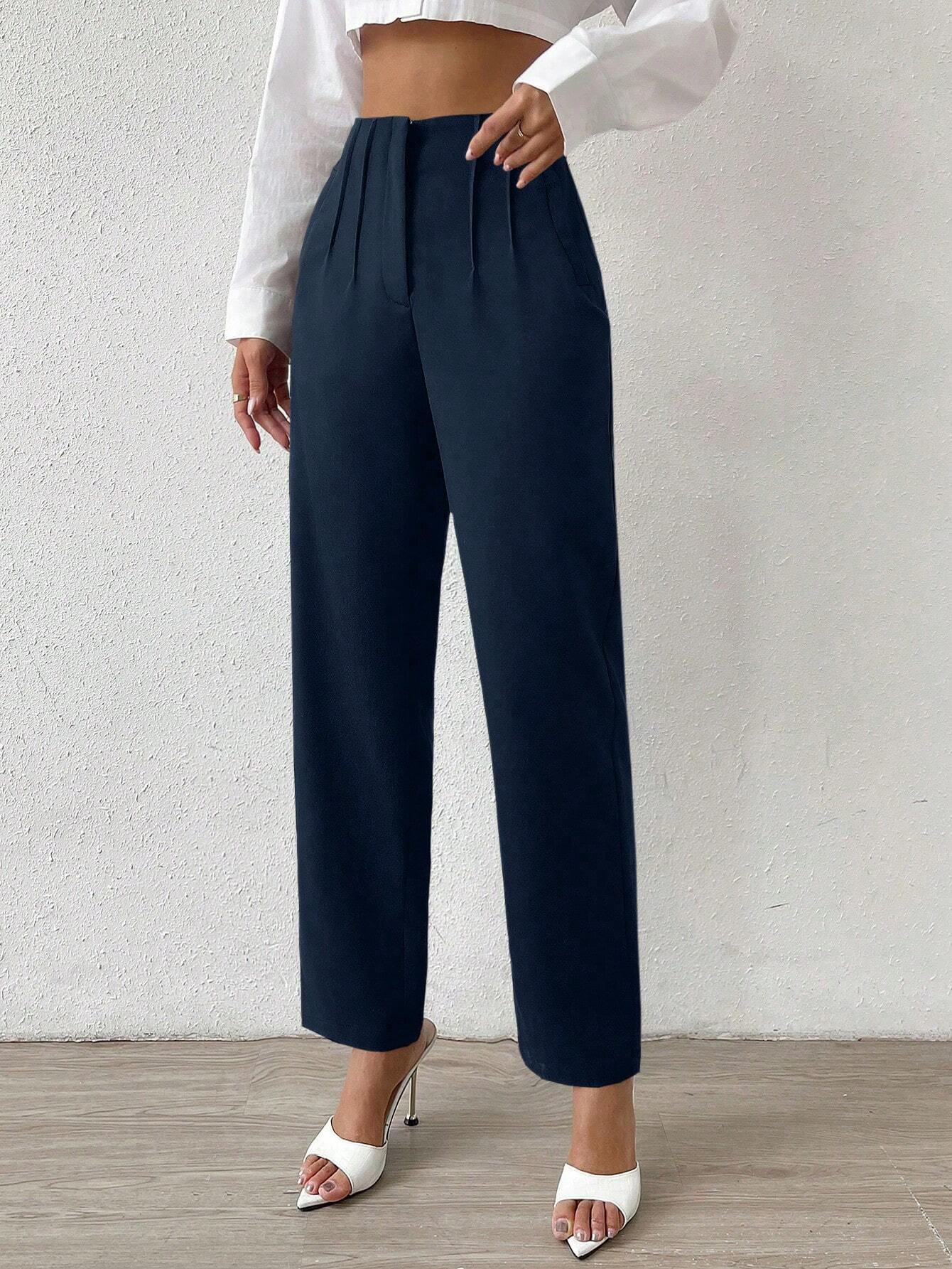 | SHEIN Privé Solid Fold Pleated Detail Straight Leg Pants | Pants | Shein | OneHub