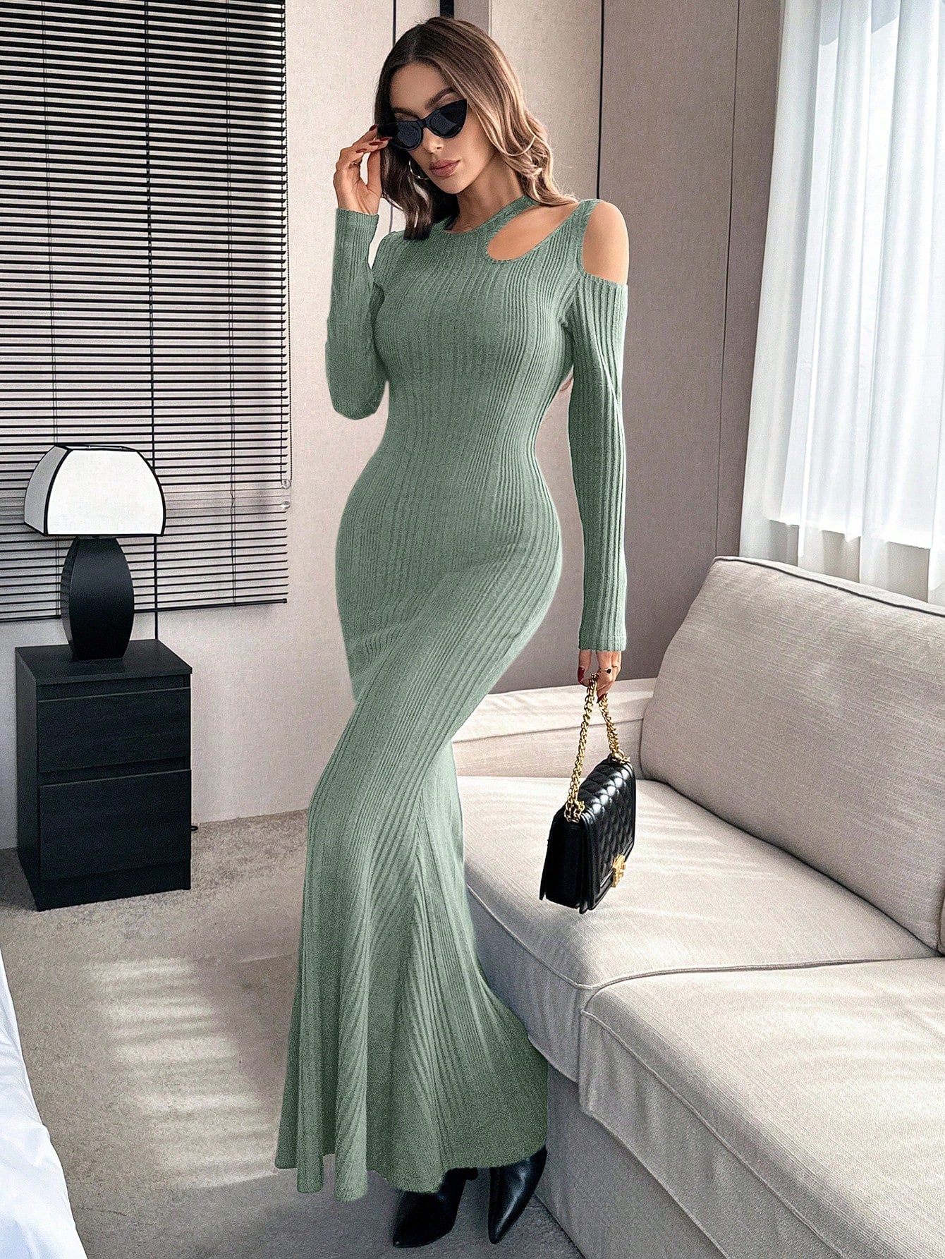  | SHEIN Priv̩ Solid Irregular Collar Long Sleeve Bodycon Dress | Dress | Shein | OneHub