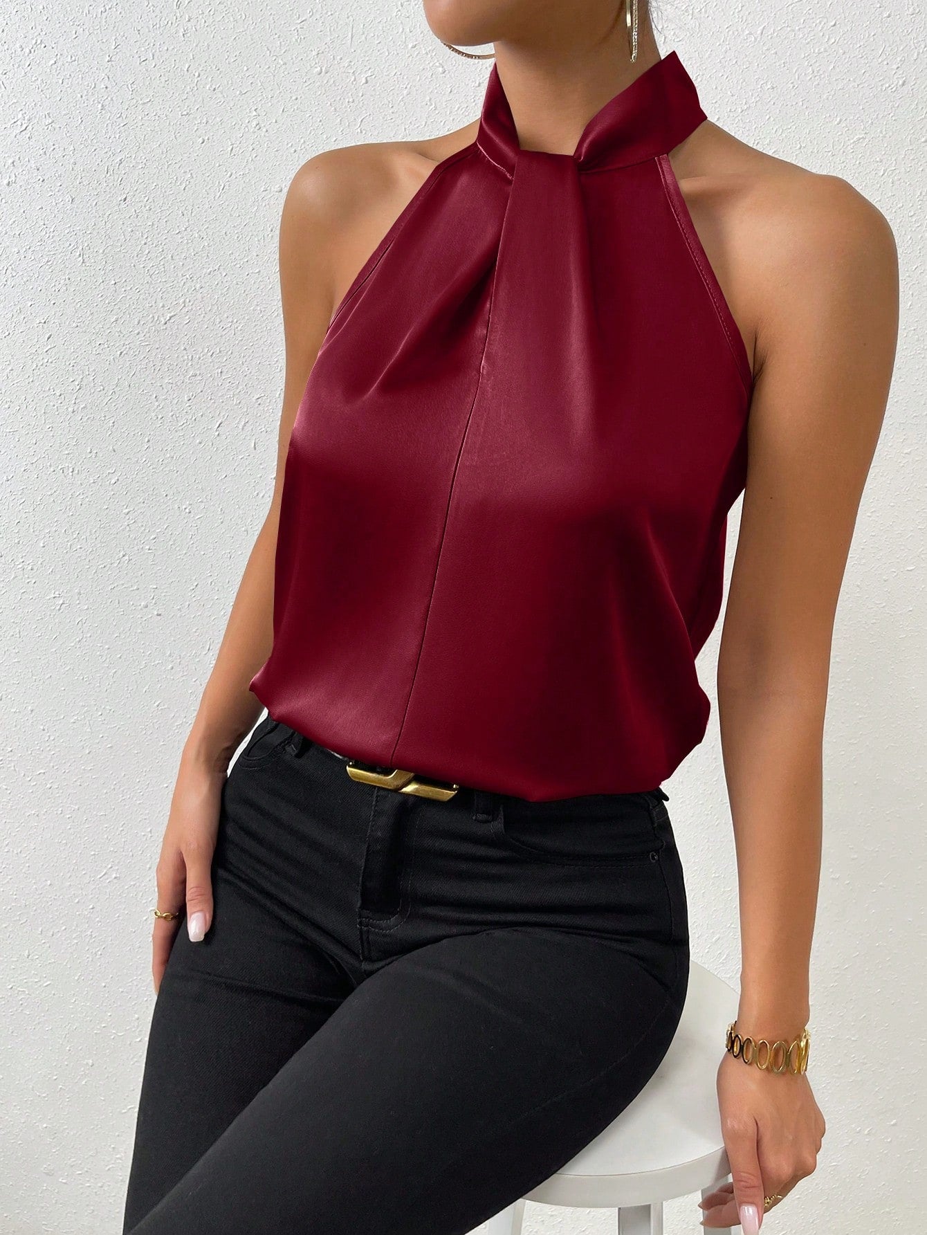  | SHEIN Priv̩ Solid Satin Halter Neck Blouse | Tee | Shein | OneHub