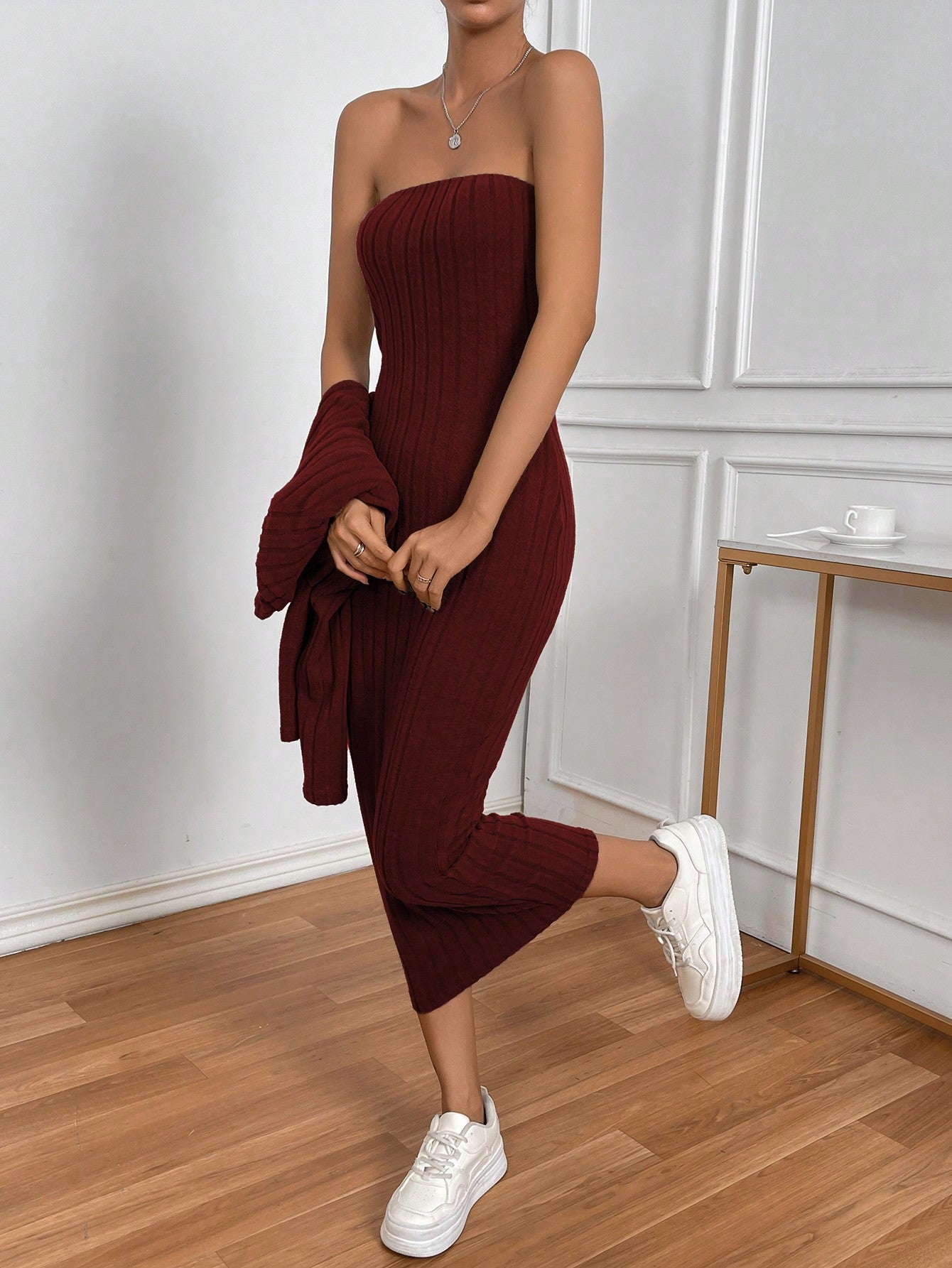  | SHEIN Privé Solid Tube Dress & Open Front Jacket | Dress | Shein | OneHub