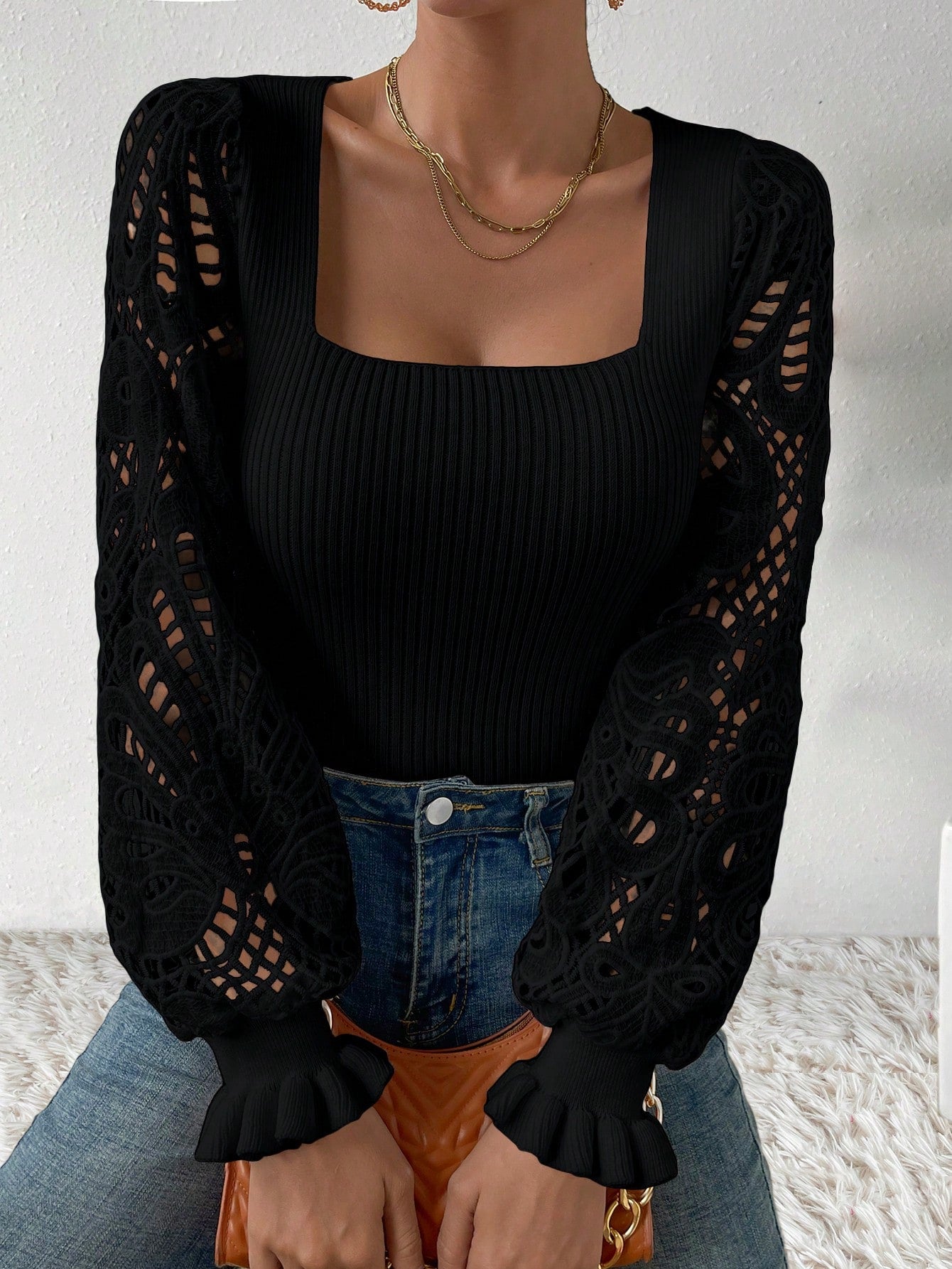  | SHEIN Privé Square Neck Flare Sleeve Sweater | Sweater | Shein | OneHub