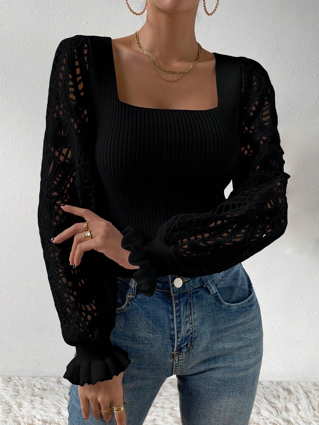  | SHEIN Privé Square Neck Flare Sleeve Sweater | Sweater | Shein | OneHub