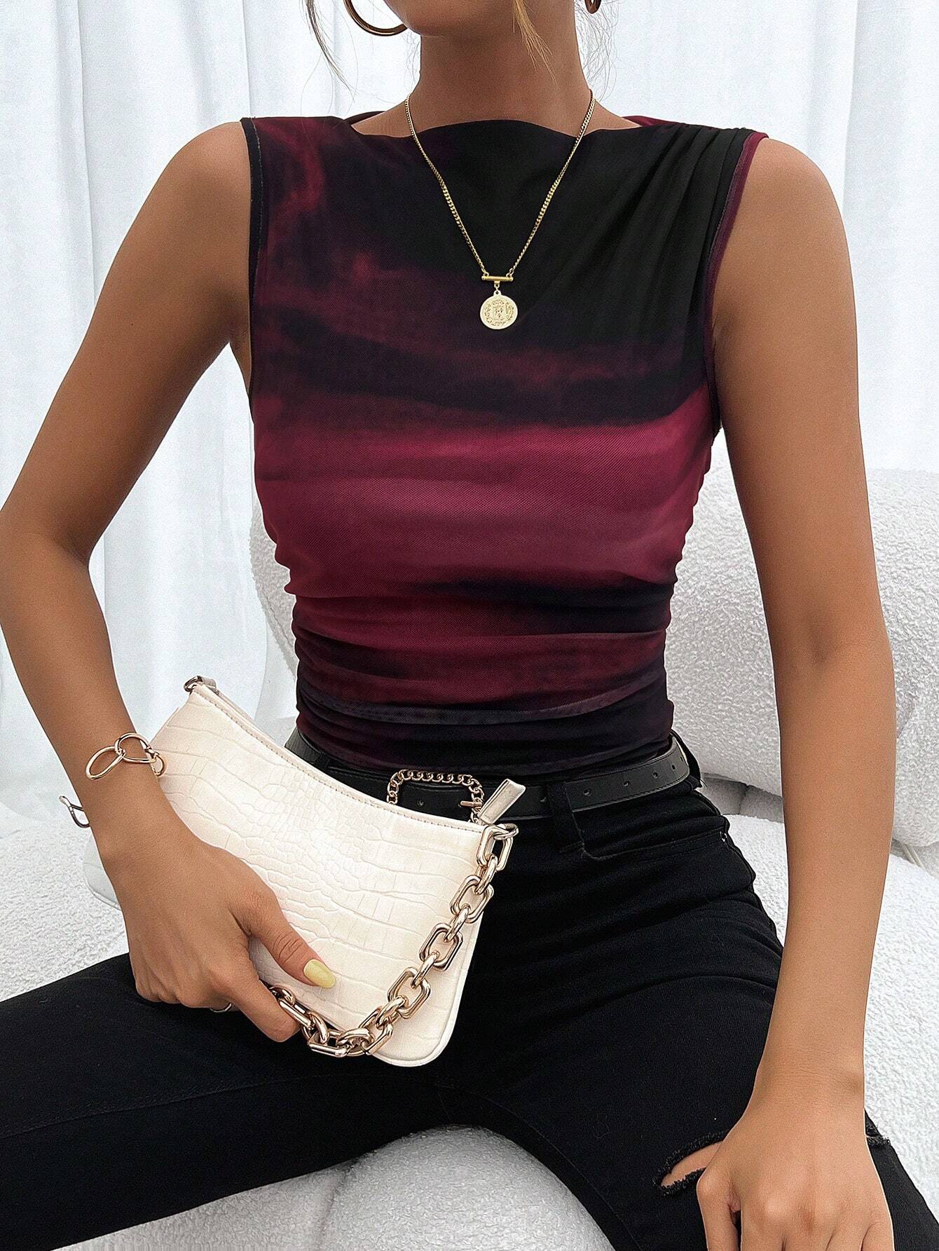  | SHEIN Privé Sleeveless Tank Top With Pleats And Random Floral Pattern | Top | Shein | OneHub