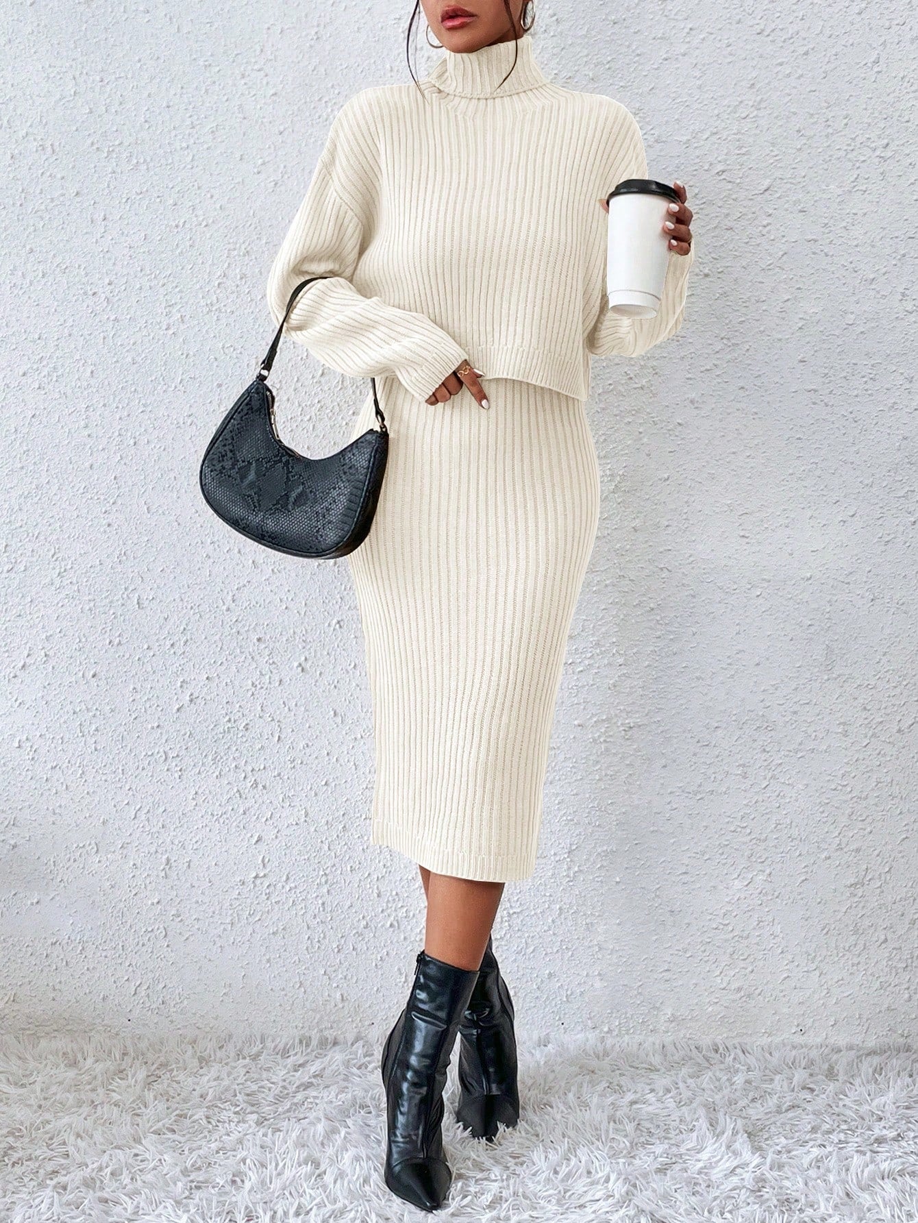  | SHEIN Privé Turtleneck Drop Shoulder Sweater & Knit Skirt | Sweater | Shein | OneHub
