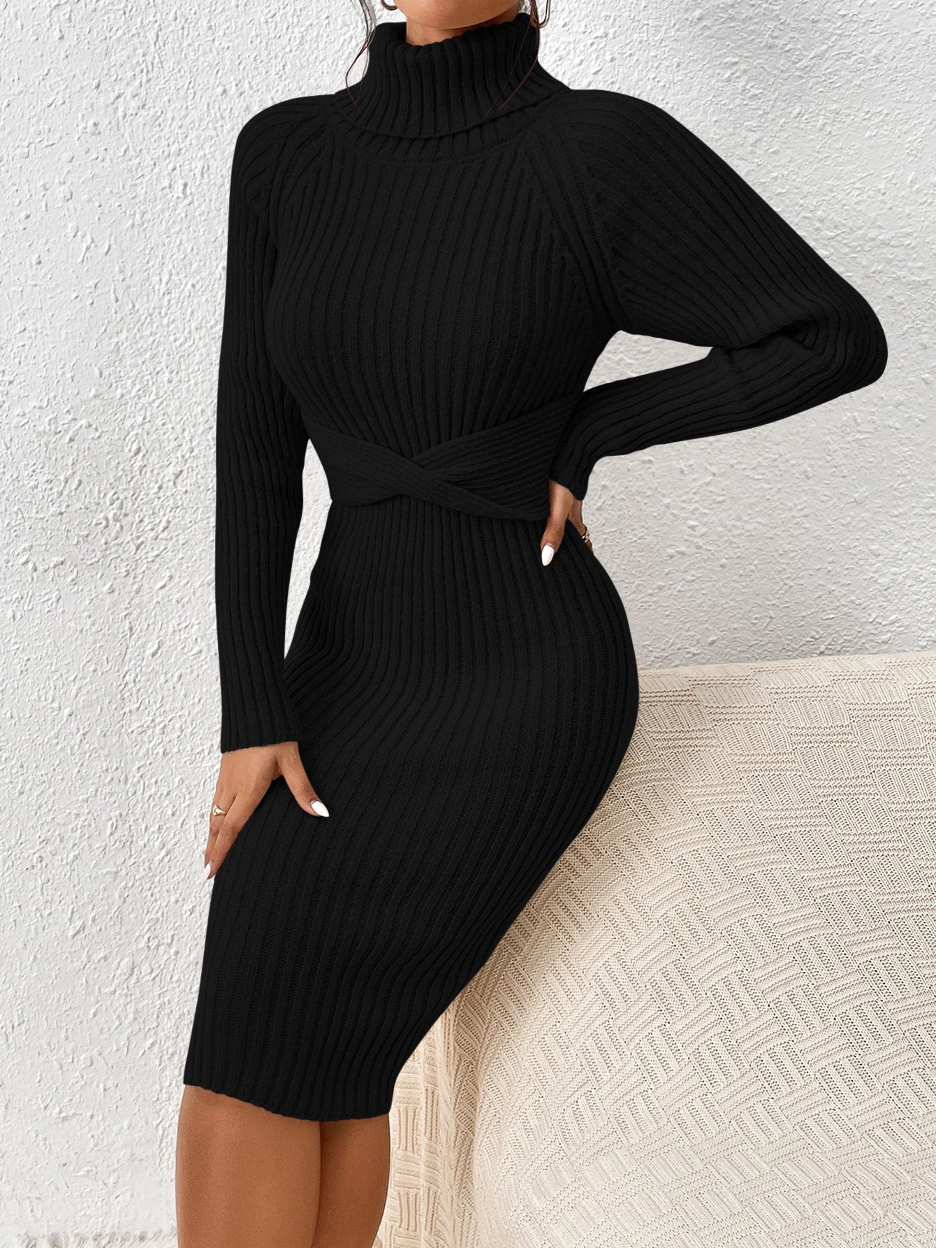 SHEIN Privé Turtleneck Raglan Sleeve Twist Front Sweater Dress | Dress