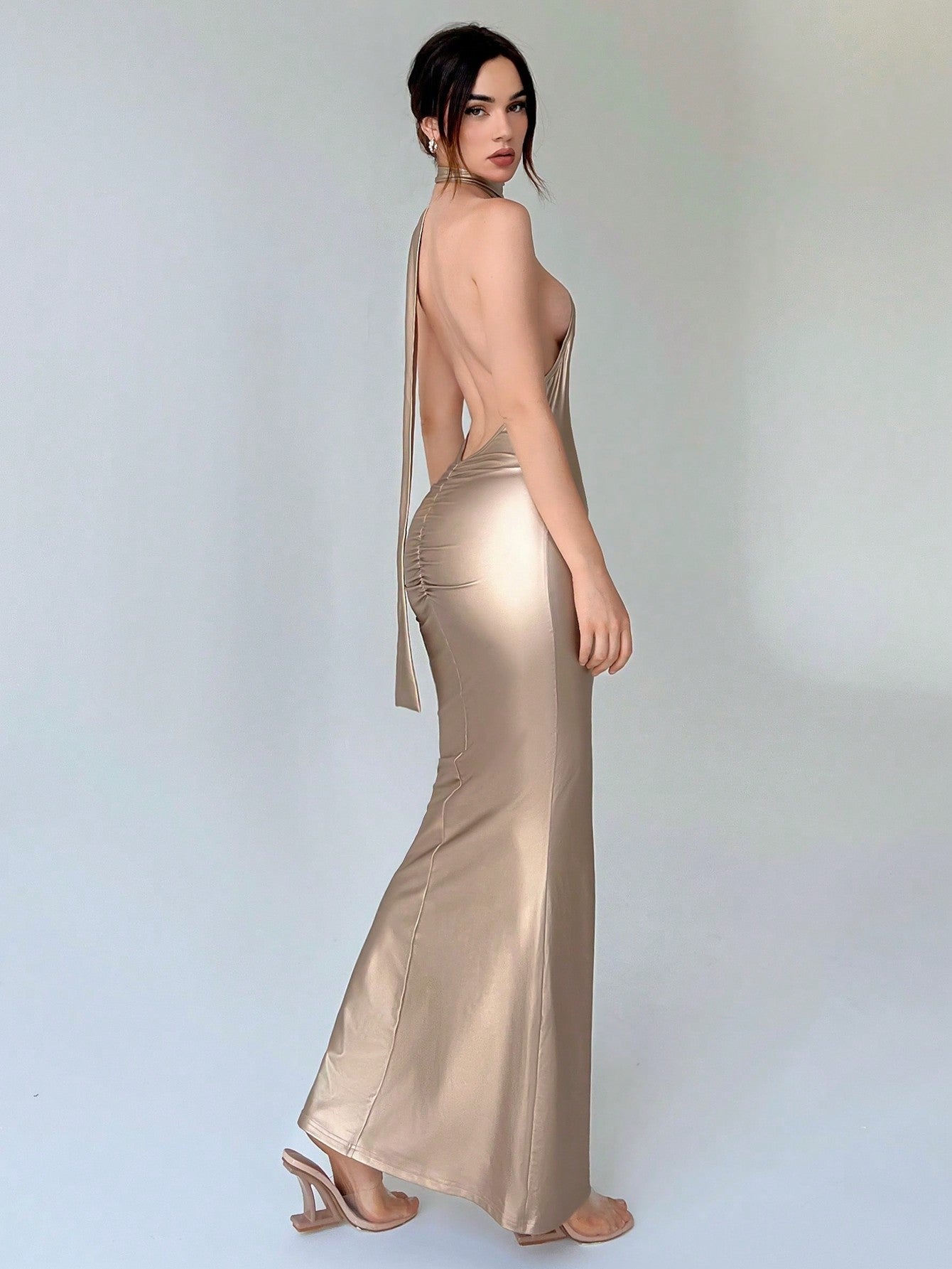 open back dress shein SHEIN ICON Women's Backless Bodycon Long Dress With Floral 3D Decor, Sexy Open Back Dresses For Wedding Event,Butter Yellow Dress