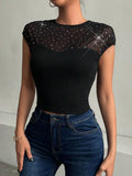  | SHEIN Privé Women's Rhinestone Embellished Mesh Splice Short Sleeve Form-Fitting T-Shirt | T-shirt | Shein | OneHub