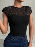  | SHEIN Privé Women's Rhinestone Embellished Mesh Splice Short Sleeve Form-Fitting T-Shirt | T-shirt | Shein | OneHub