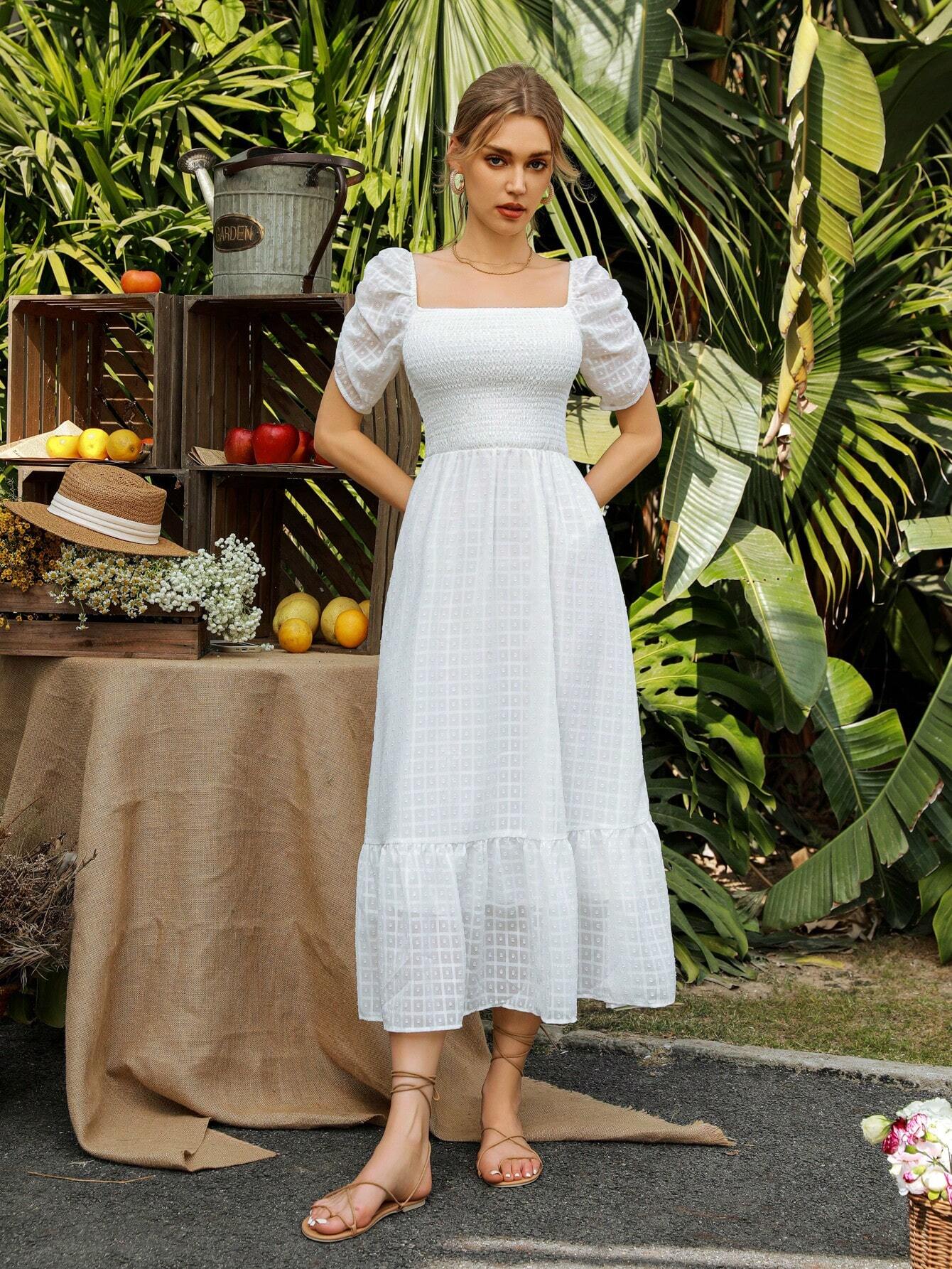  | SHEIN Privé Women's Square Neck Puff Sleeve Fit & Flare Dress With Panel Detailing | Dress | Shein | OneHub