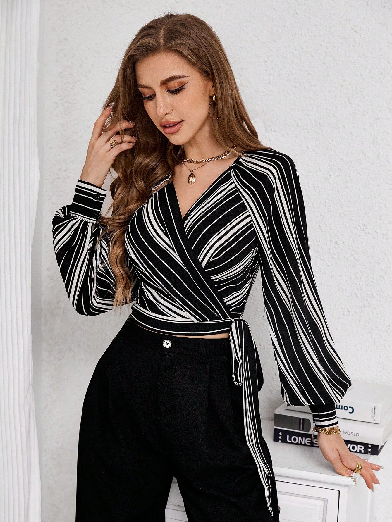  | SHEIN Priv̩ Women's Striped Print Raglan Sleeve Crop Tie Front Shirt | Top | Shein | OneHub
