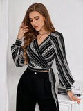  | SHEIN Priv̩ Women's Striped Print Raglan Sleeve Crop Tie Front Shirt | Top | Shein | OneHub