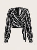  | SHEIN Priv̩ Women's Striped Print Raglan Sleeve Crop Tie Front Shirt | Top | Shein | OneHub