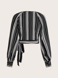  | SHEIN Priv̩ Women's Striped Print Raglan Sleeve Crop Tie Front Shirt | Top | Shein | OneHub