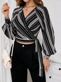  | SHEIN Priv̩ Women's Striped Print Raglan Sleeve Crop Tie Front Shirt | Top | Shein | OneHub