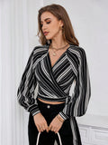  | SHEIN Priv̩ Women's Striped Print Raglan Sleeve Crop Tie Front Shirt | Top | Shein | OneHub