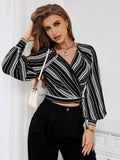  | SHEIN Priv̩ Women's Striped Print Raglan Sleeve Crop Tie Front Shirt | Top | Shein | OneHub
