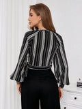  | SHEIN Priv̩ Women's Striped Print Raglan Sleeve Crop Tie Front Shirt | Top | Shein | OneHub