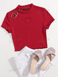 SHEIN Qutie Heart Cutout Detail Lettuce Trim Wavy Edge Short Sleeves Summer Tee
