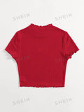  | SHEIN Qutie Heart Cutout Detail Lettuce Trim Wavy Edge Short Sleeves Summer Tee | Top | Shein | OneHub