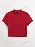  | SHEIN Qutie Heart Cutout Detail Lettuce Trim Wavy Edge Short Sleeves Summer Tee | Top | Shein | OneHub