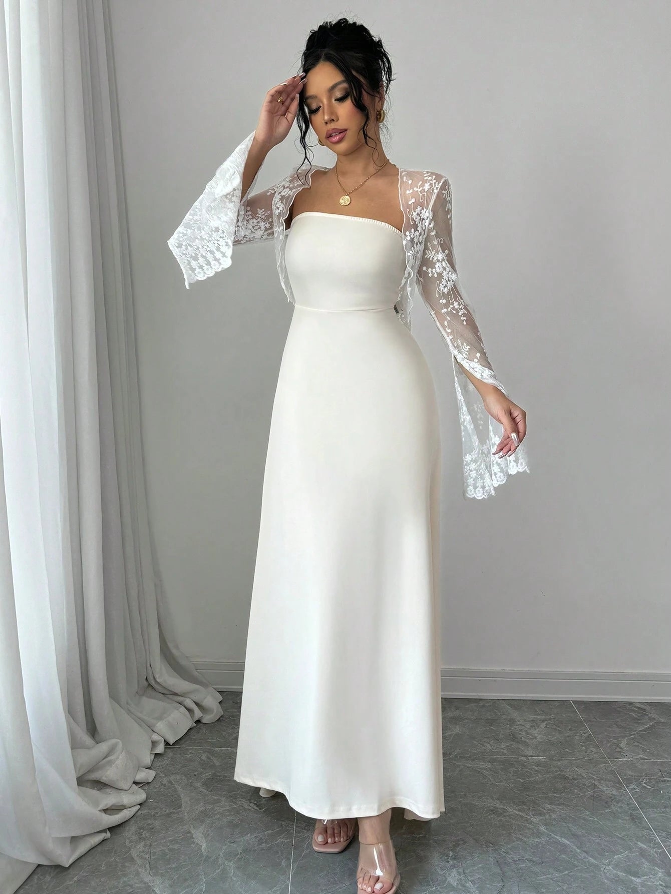  | SHEIN Raffinéa 2pcs Set: Lace Embroidered Dress With Corset Waist & Long Sleeve Dress | Dress | Shein | OneHub