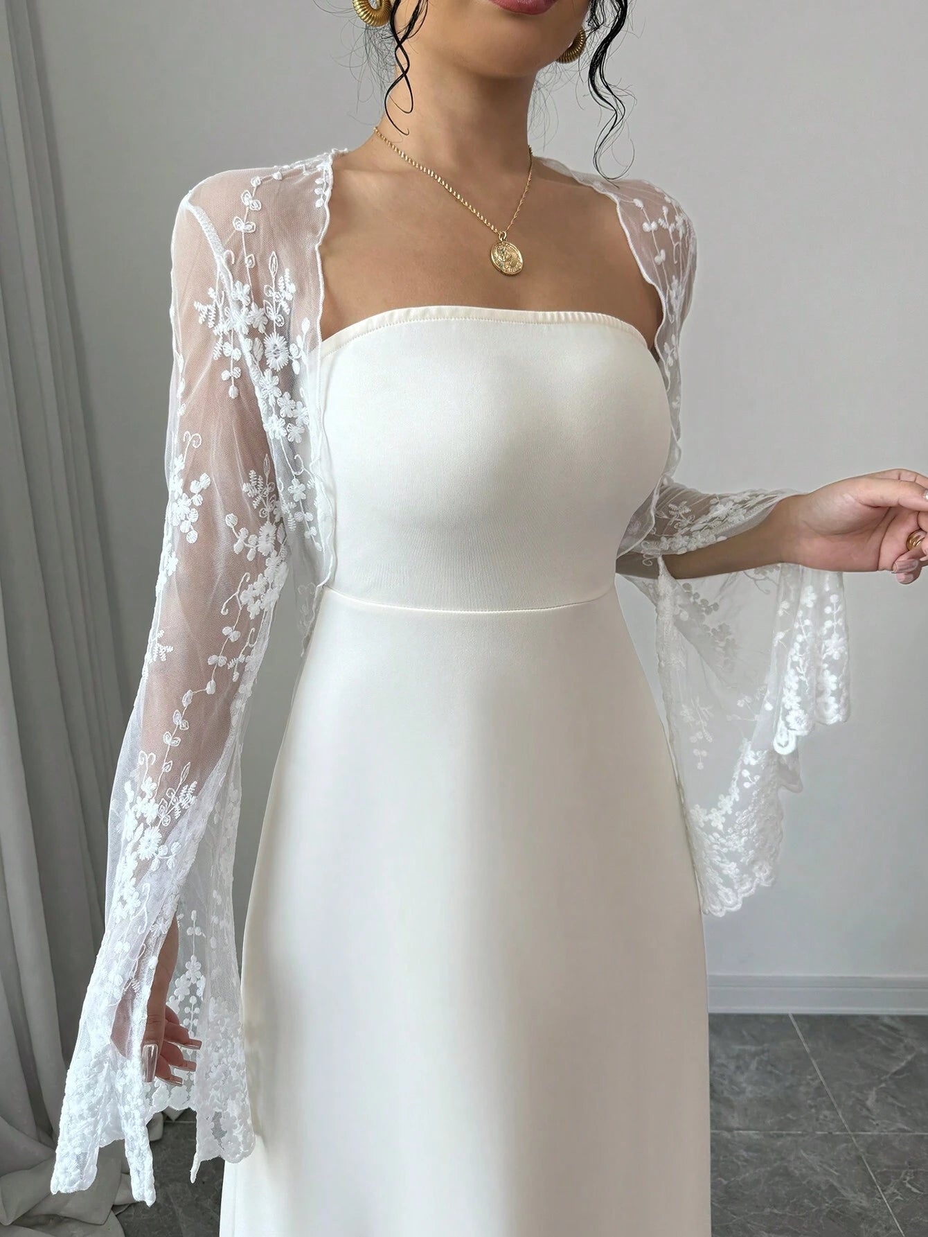 SHEIN Raffinéa 2pcs Set: Lace Embroidered Dress With Corset Waist & Lo | Dress