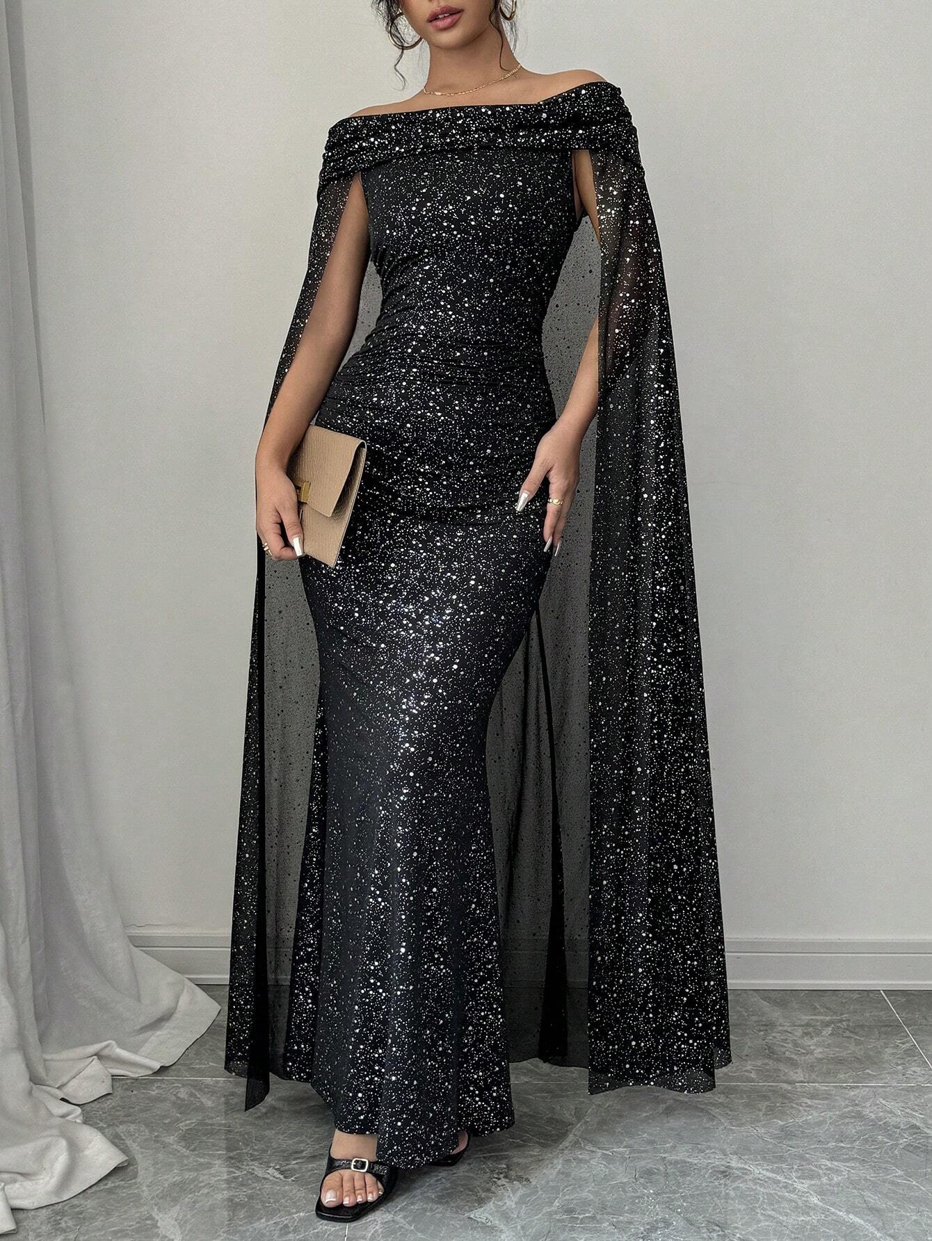 shein formal dress SHEIN Raffinéa Elegant Off-Shoulder Sparkly Cape Evening Dress | Dress